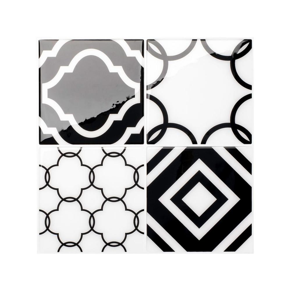 Black and white square vintage peel and stick wall tiles