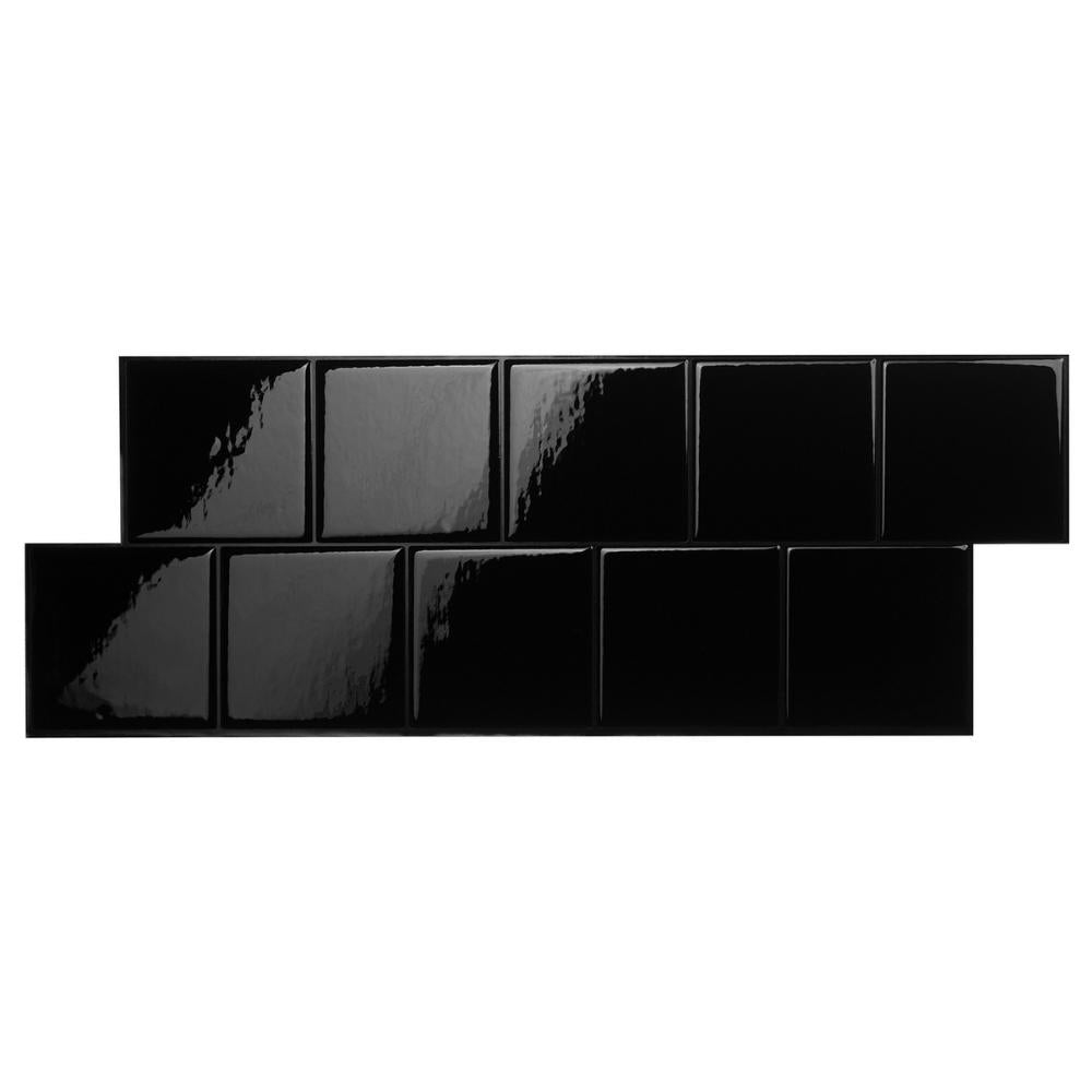 Black square tiles with black grout that are self-adhesive