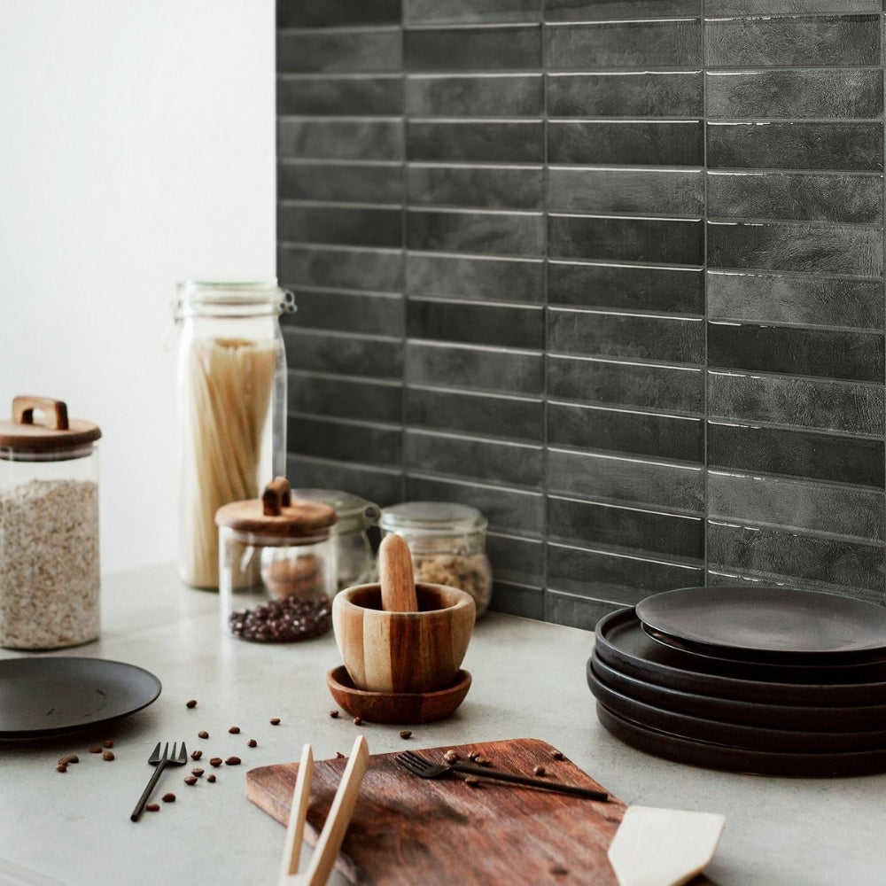 Black stacked subway tiles in kitchen