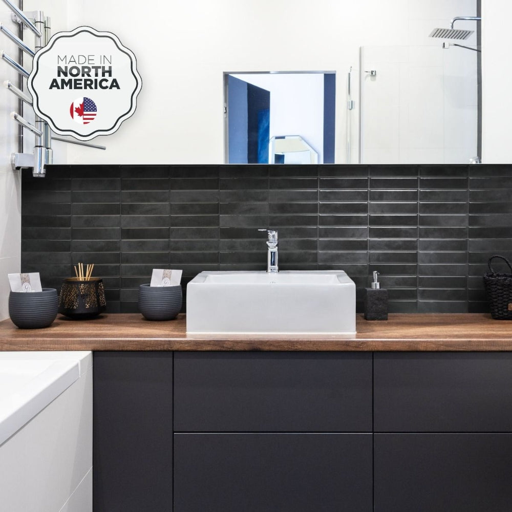 Black stacked peel and stick subway tiles in bathroom