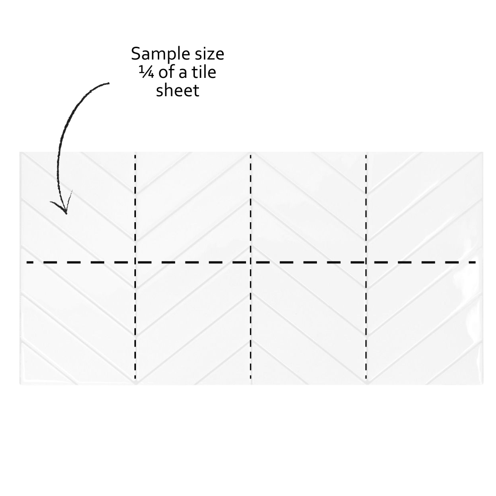 A diagram showing a quarter sheet of wall tile with a suggested layout for cutting to create a chevron pattern.