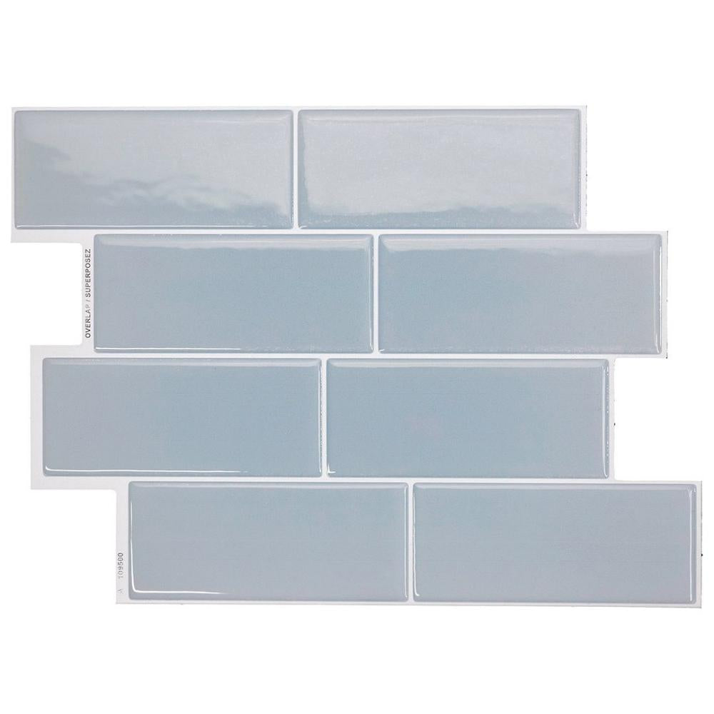 Baby blue self-adhesive 3D subway tiles with white grout