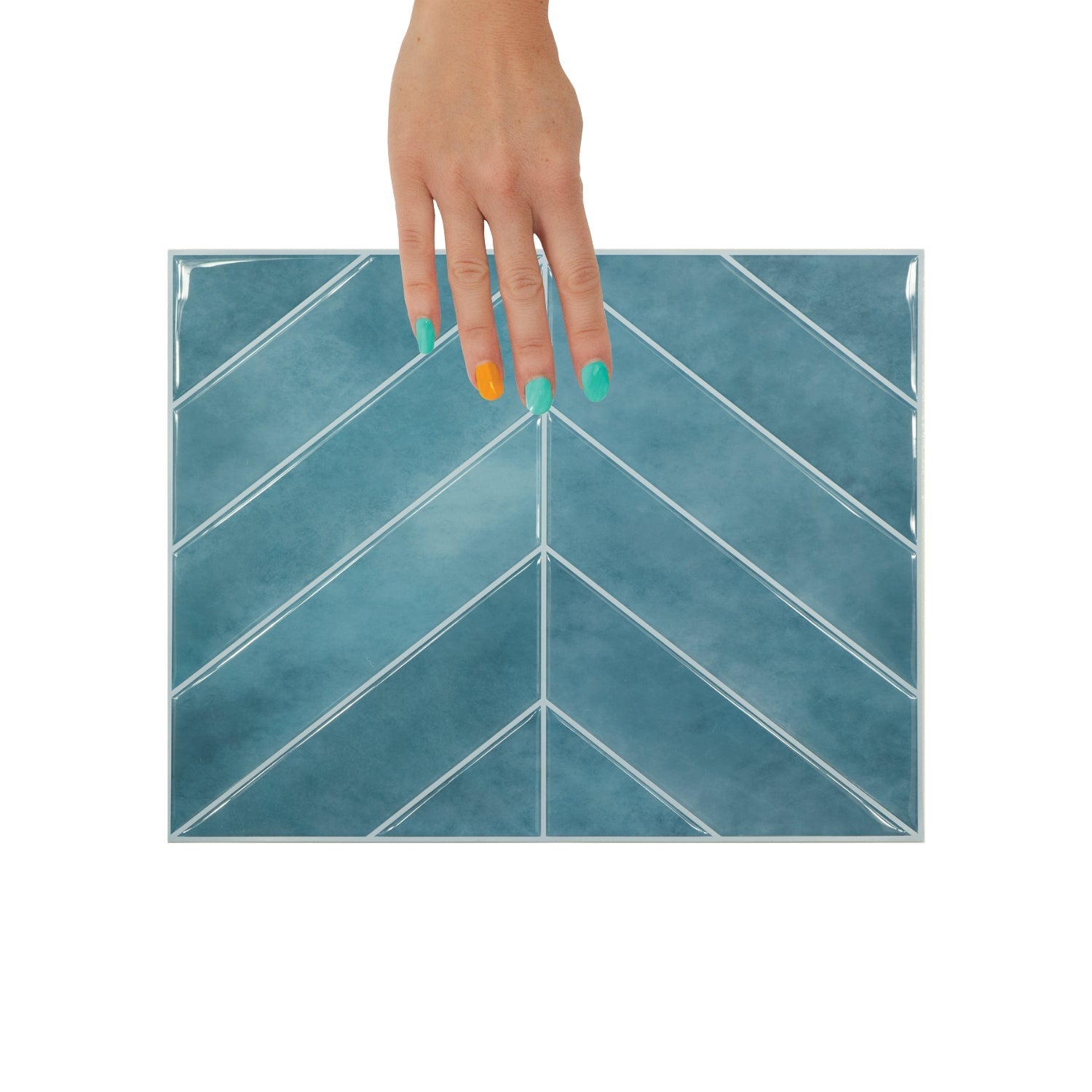 Blue tiled wall with a wooden cutting board and glass on a beige surface
