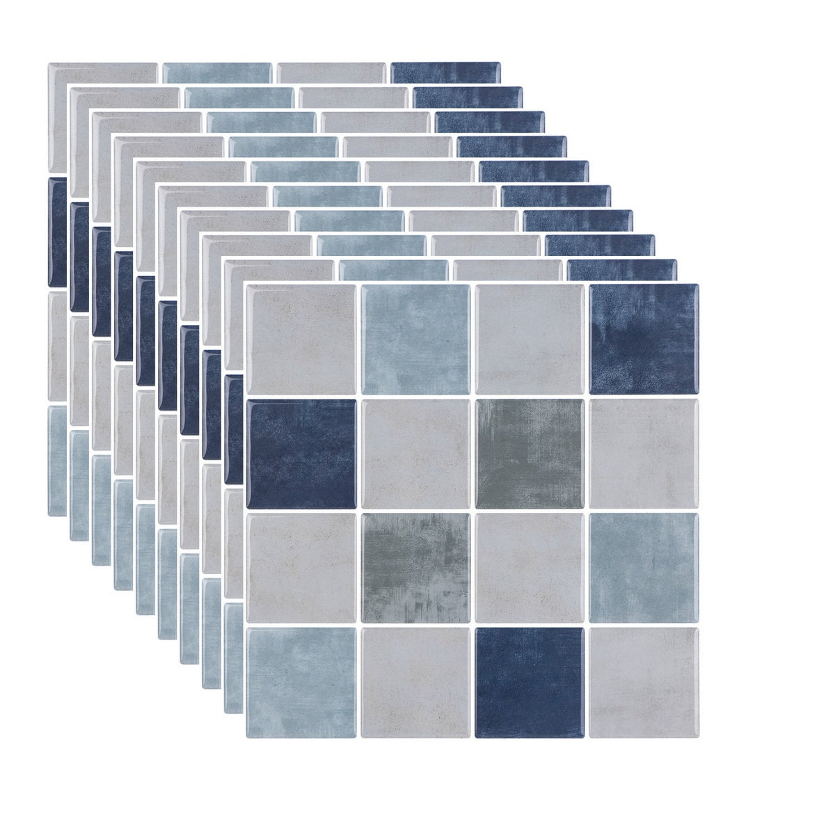 Blue, greige and green checkered tiles with white grout 10-pack