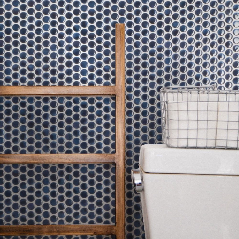 Blue penny tiles in bathroom