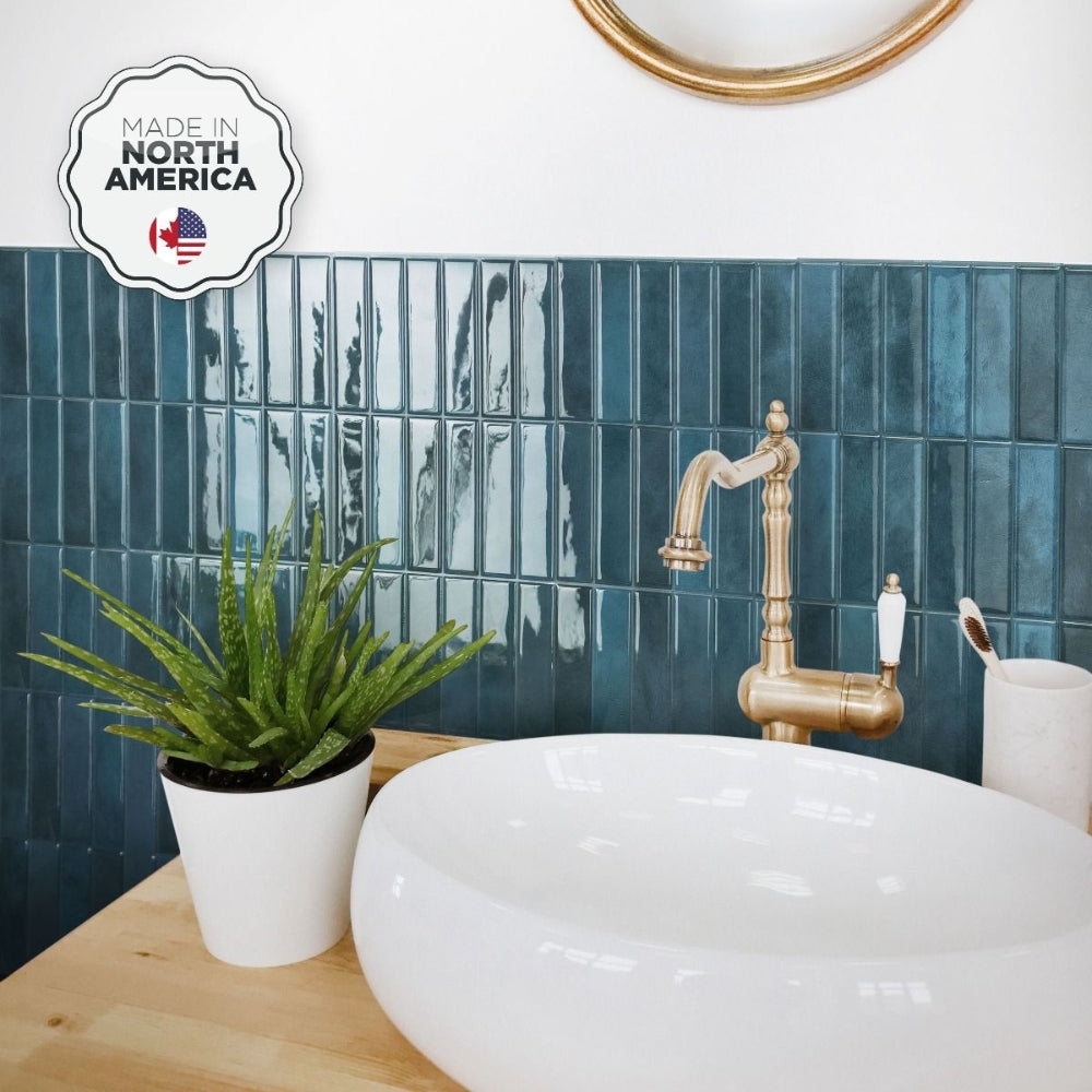 Blue stacked self-adhesive subway tile in bathroom
