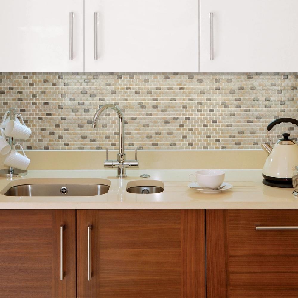 Brown self-adhesive 3D tiles in kitchen