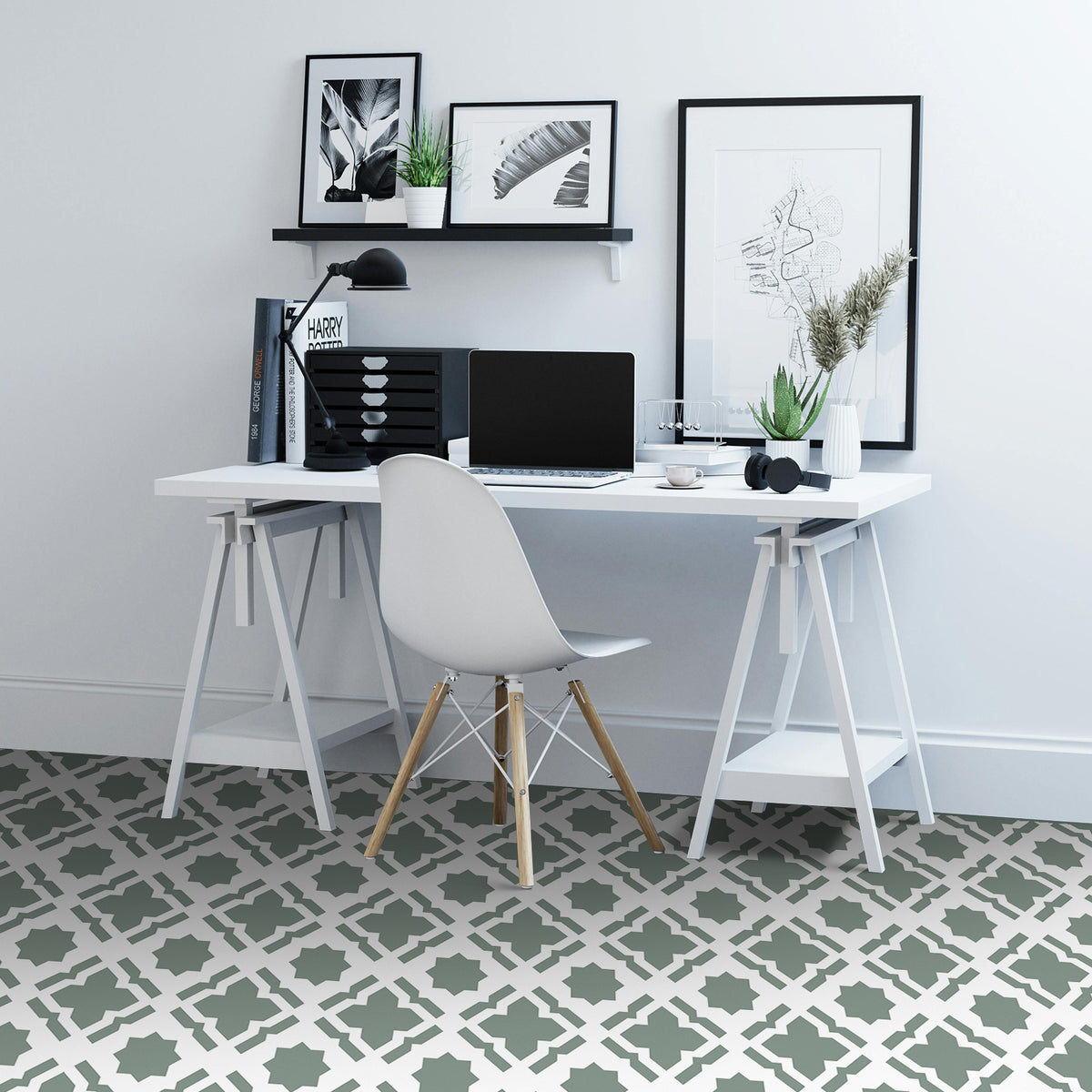 Modern home office with a white desk, chair, and decor elements.