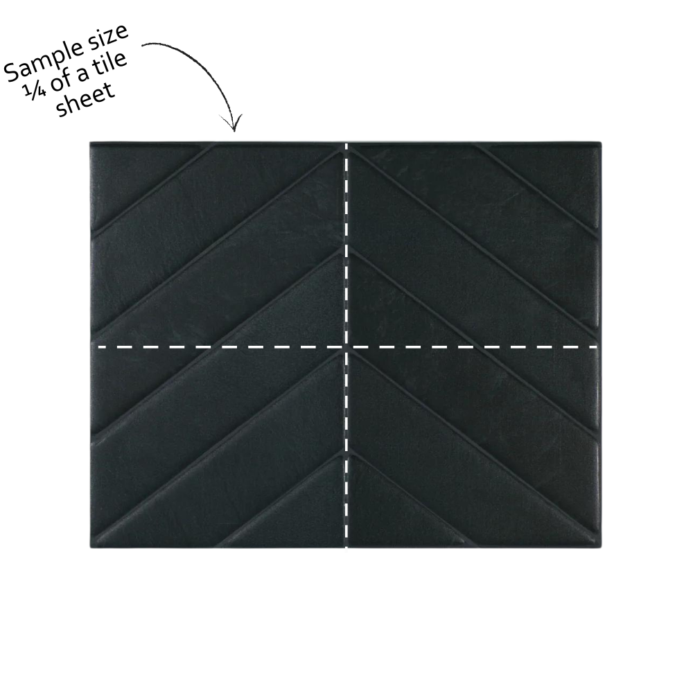 A diagram showing a quarter sheet of wall tile with a suggested layout for cutting to create a chevron pattern.