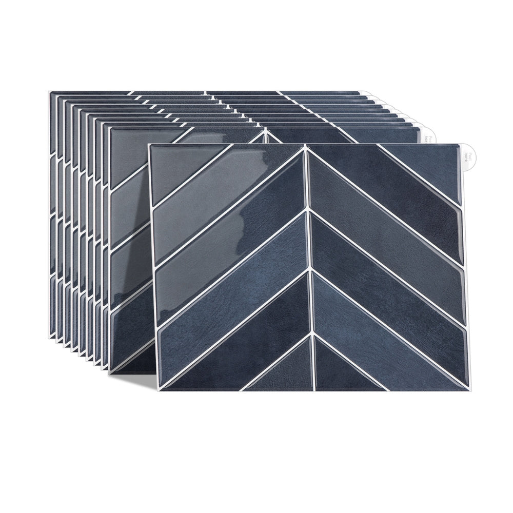 Set of blue chevron patterned tiles on a white background