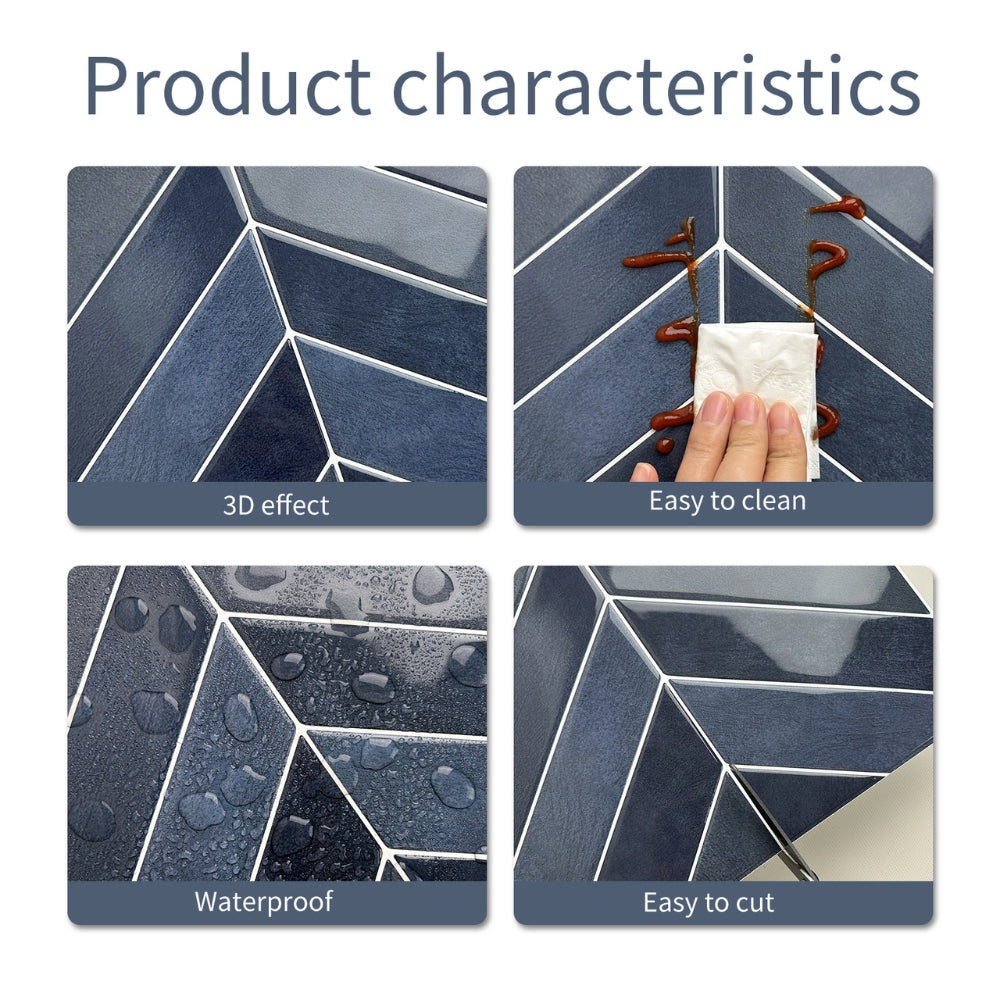 Product characteristics of a tiled surface with 3D effect, ease of cleaning, waterproofness, and ease of cutting.