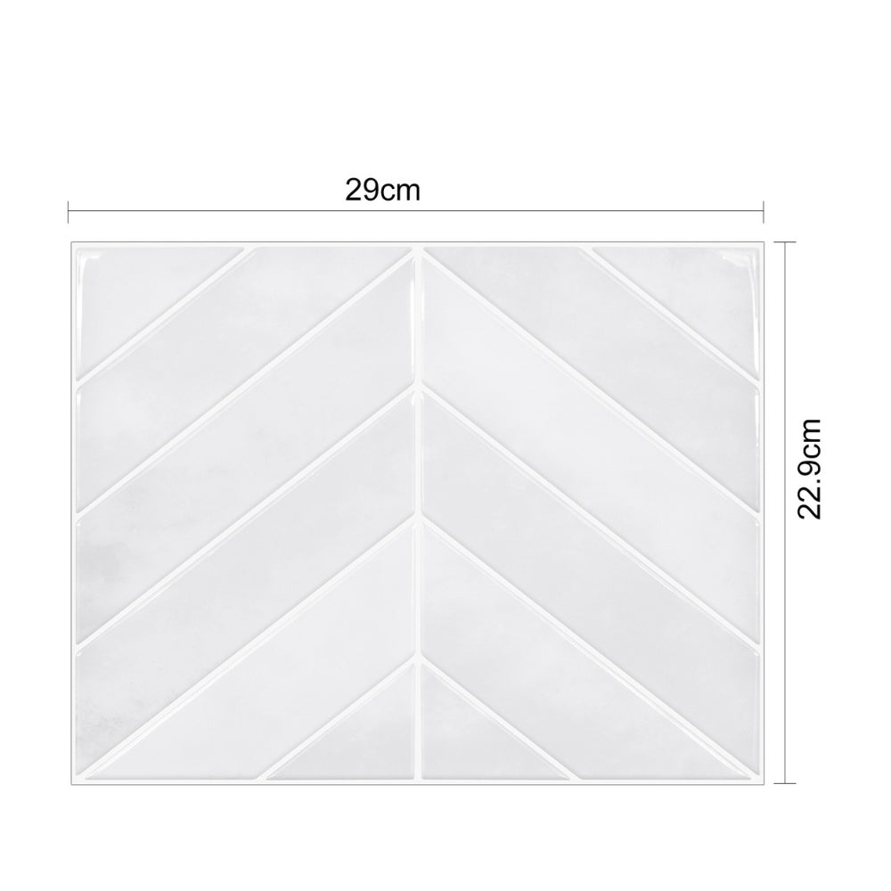 White chevron pattern tile with dimensions on a white background