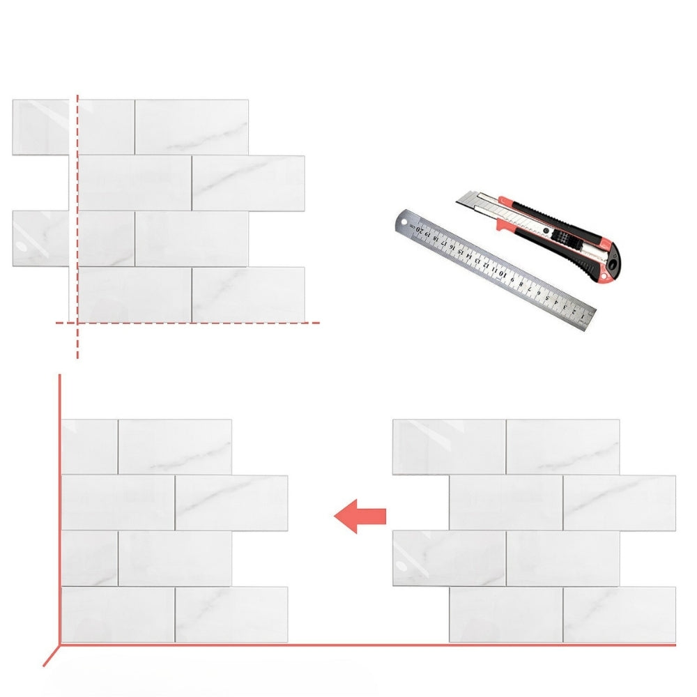 Diagram showing tile layout with a cutter and ruler on a white background