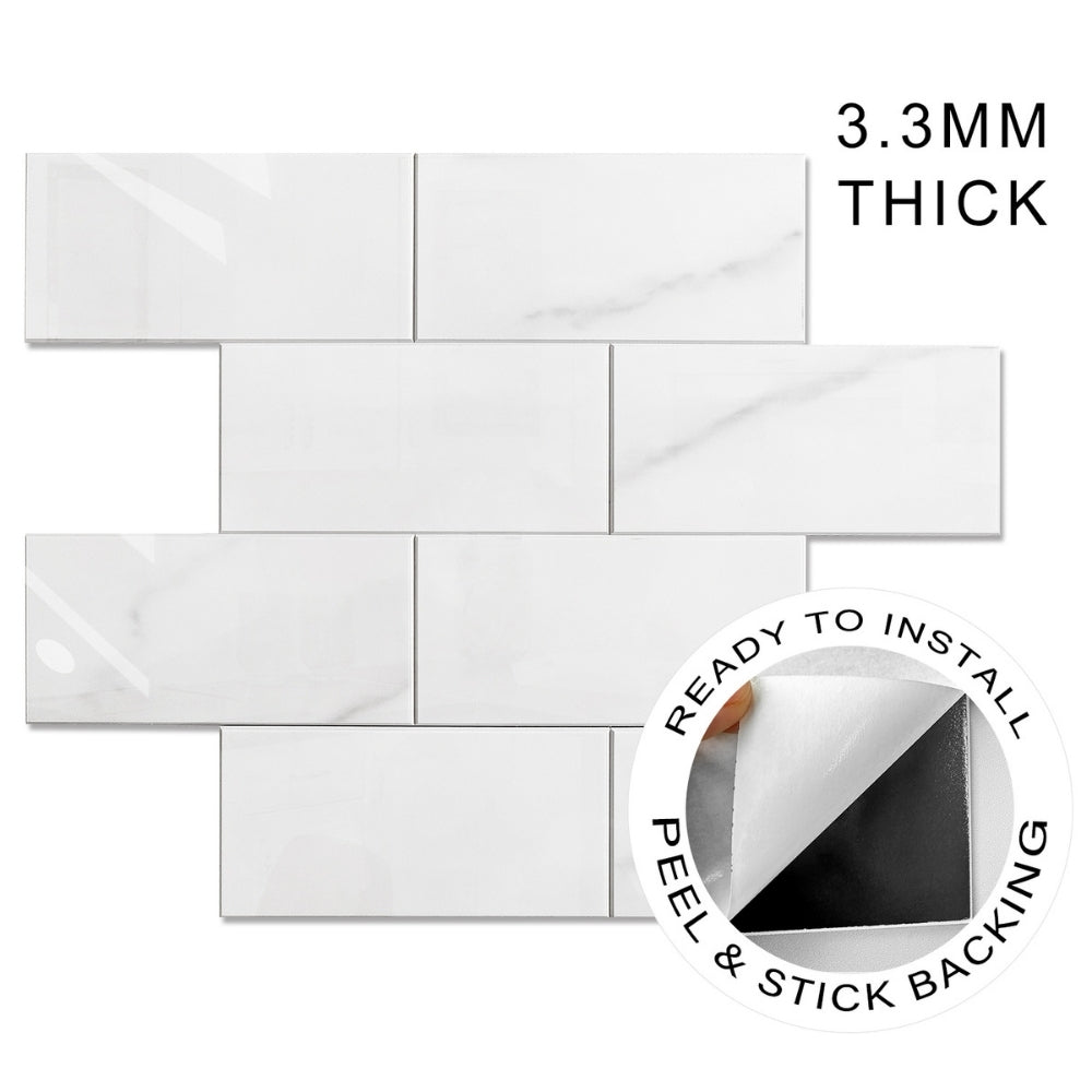 White marble subway tile pattern with text indicating thickness and installation instructions on a white background