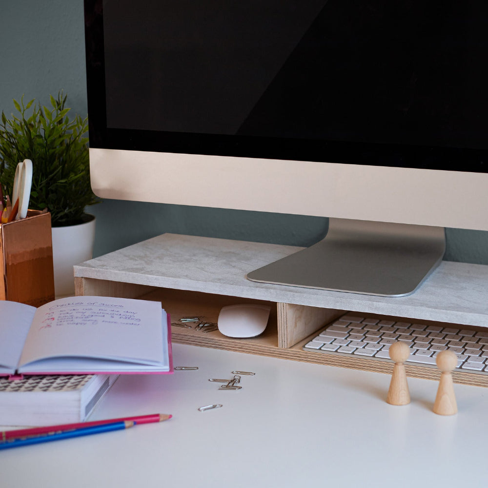 Concrete white adhesive vinyl monitor shelf