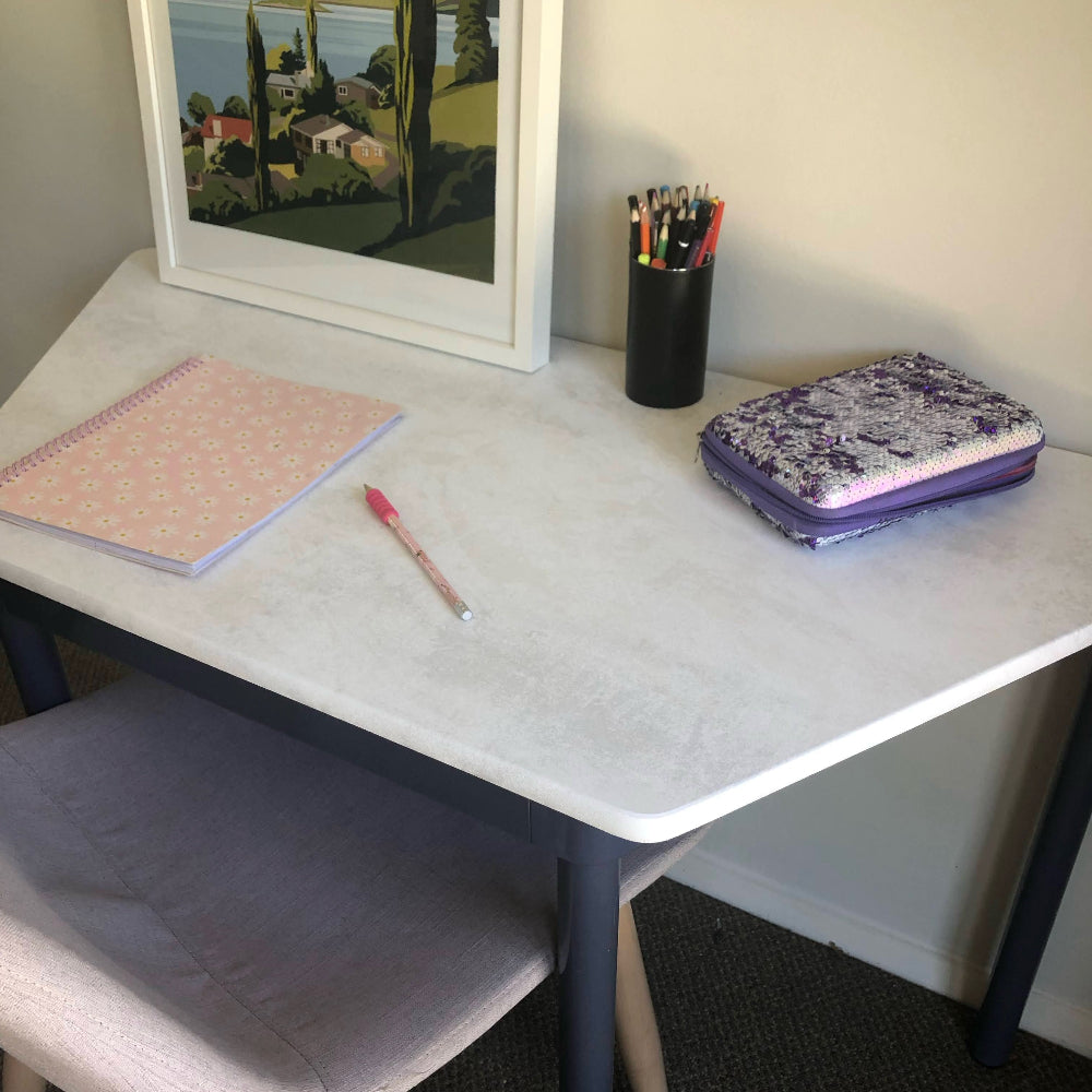 Concrete white adhesive vinyl desk