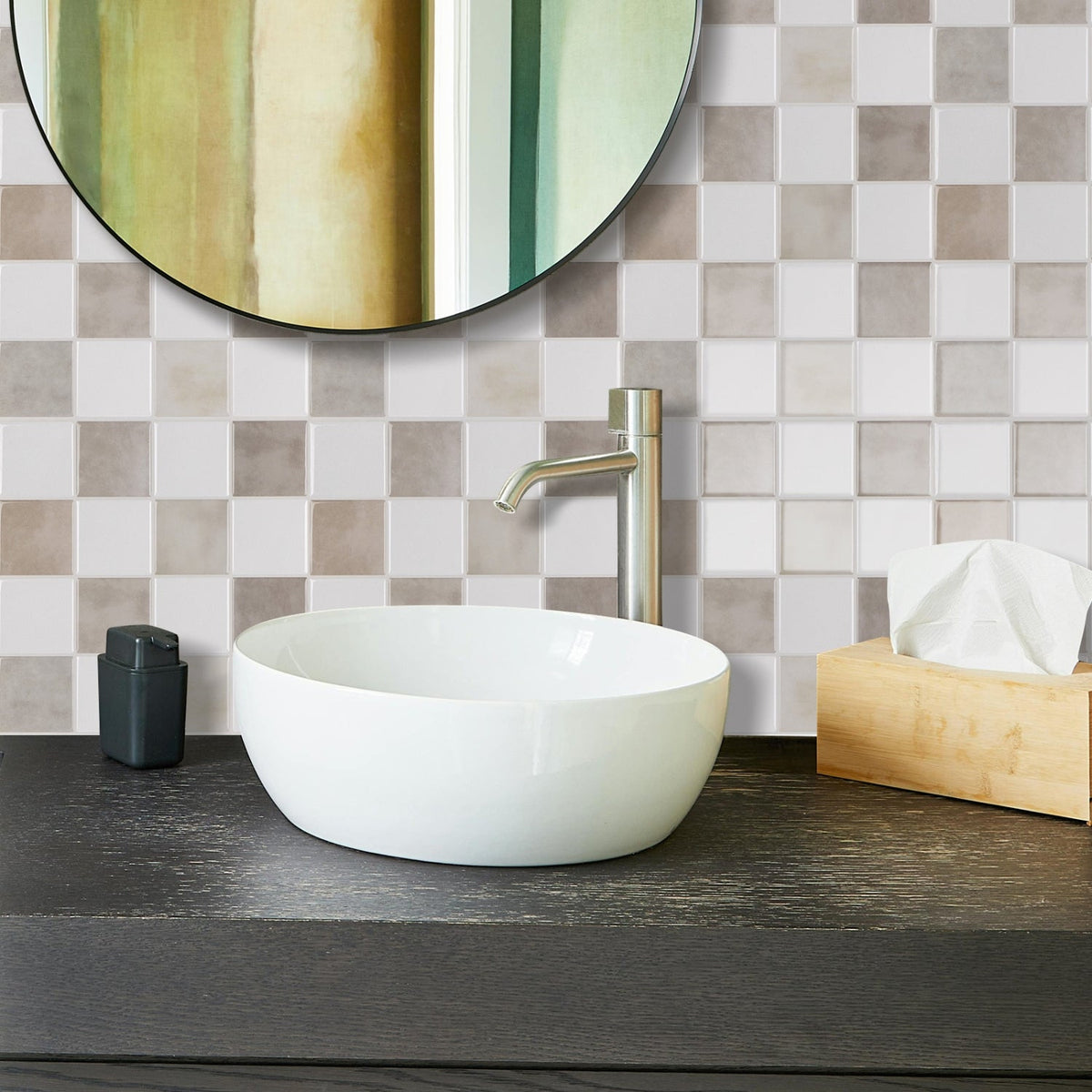 Cream and mocha checkered tiles with light brown grout in bathroom