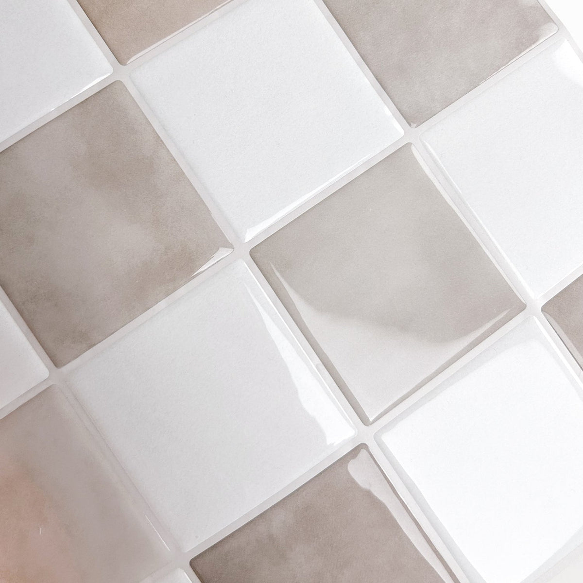 Cream and mocha checkered tiles with light brown grout gloss finish
