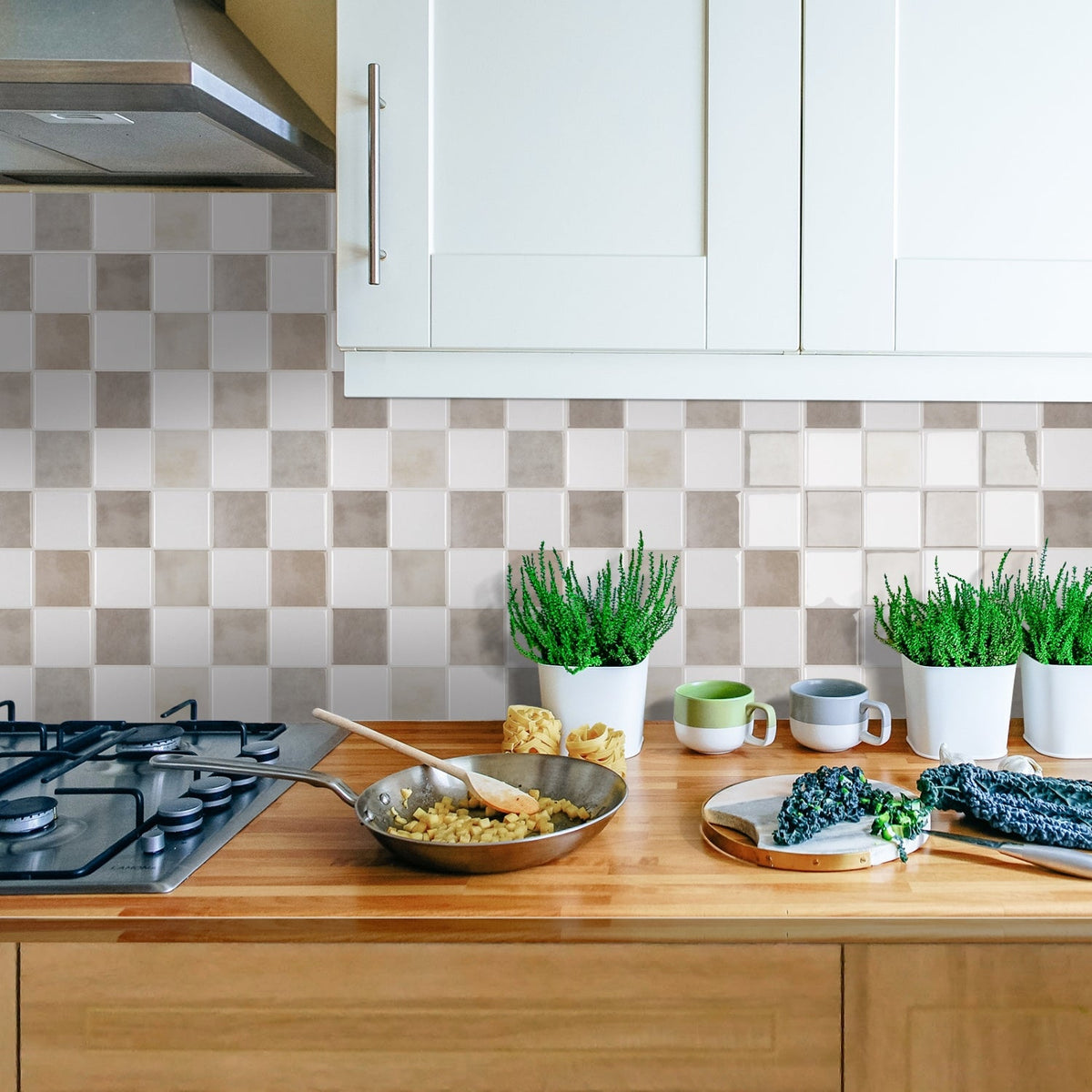 Cream and mocha checkered tiles with light brown grout kitchen