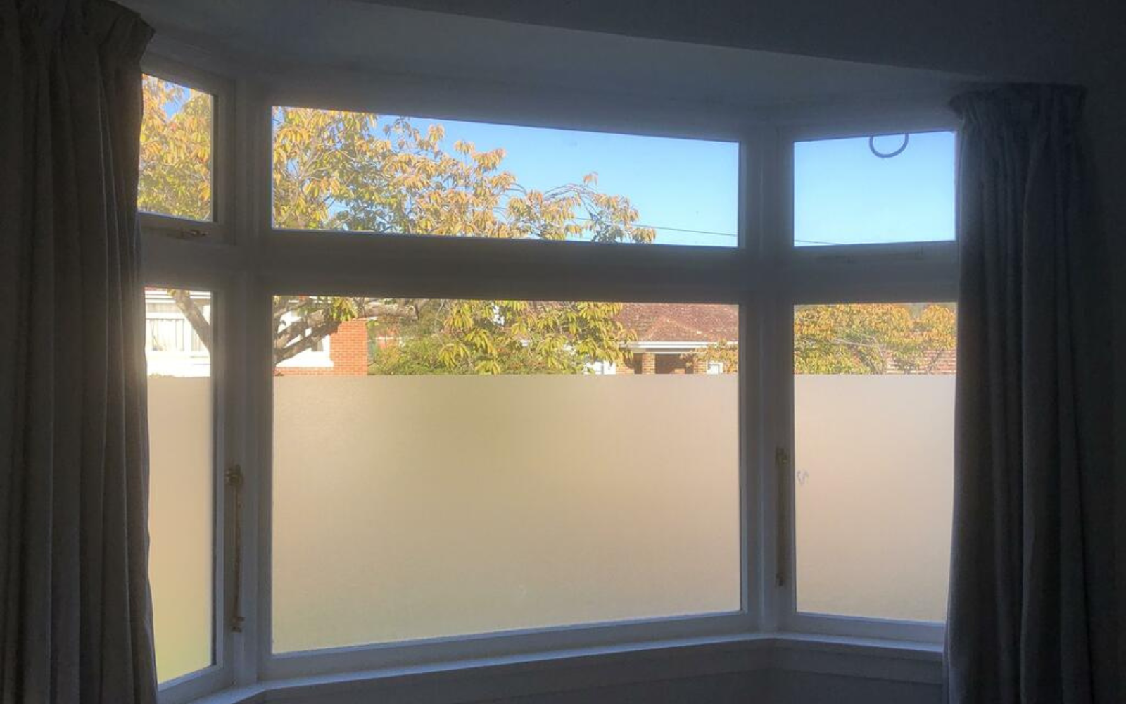 Window with frosted glass panels and curtains, showing trees outside.