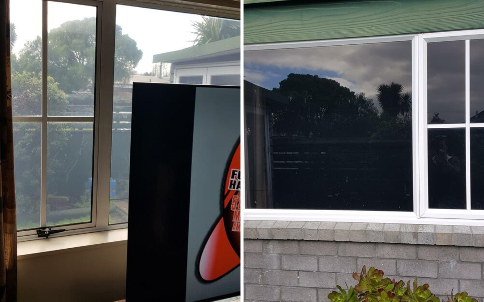 tinted window film shown from outside and inside