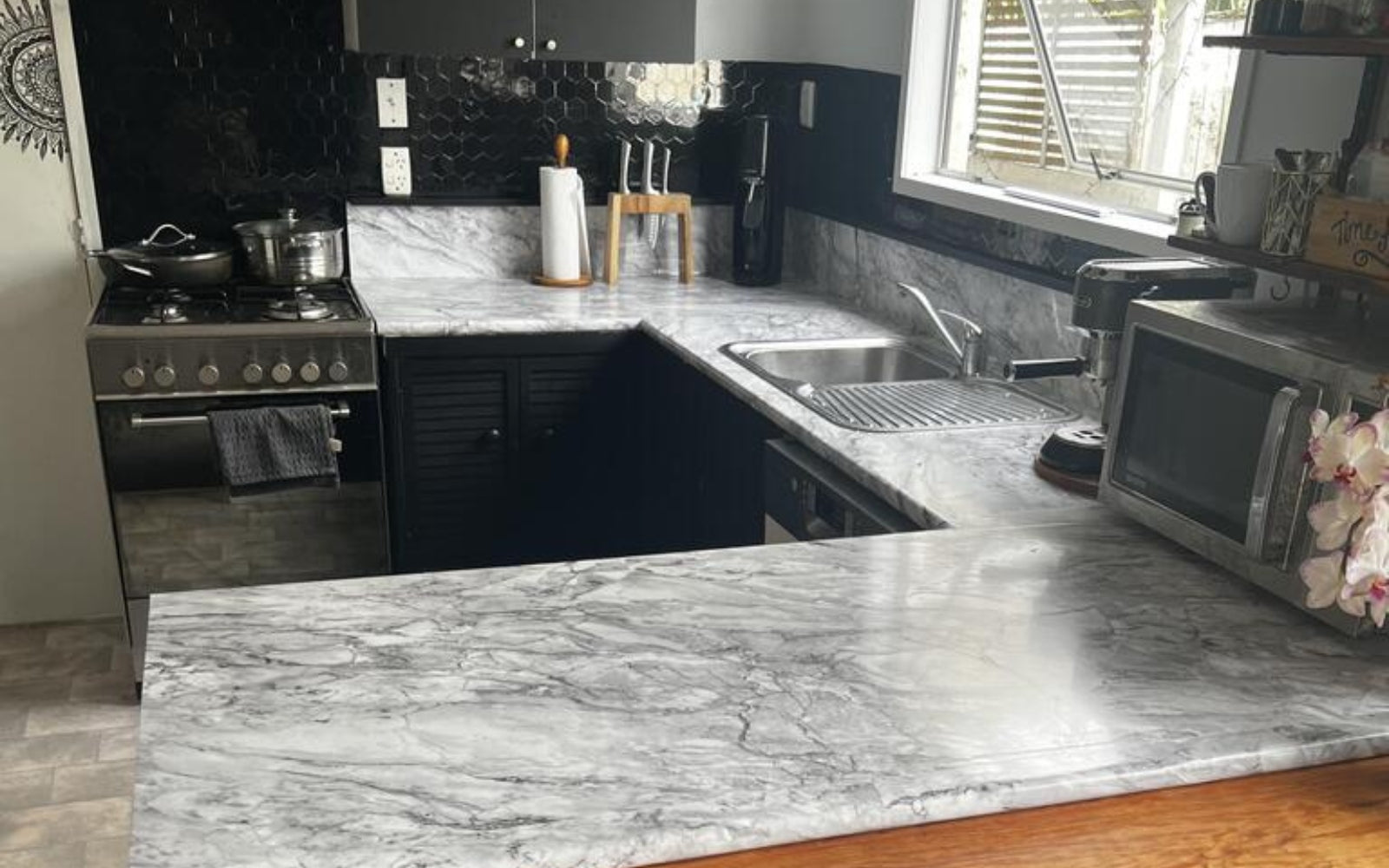 Customer photo adhesive vinyl benchtop marble romeo