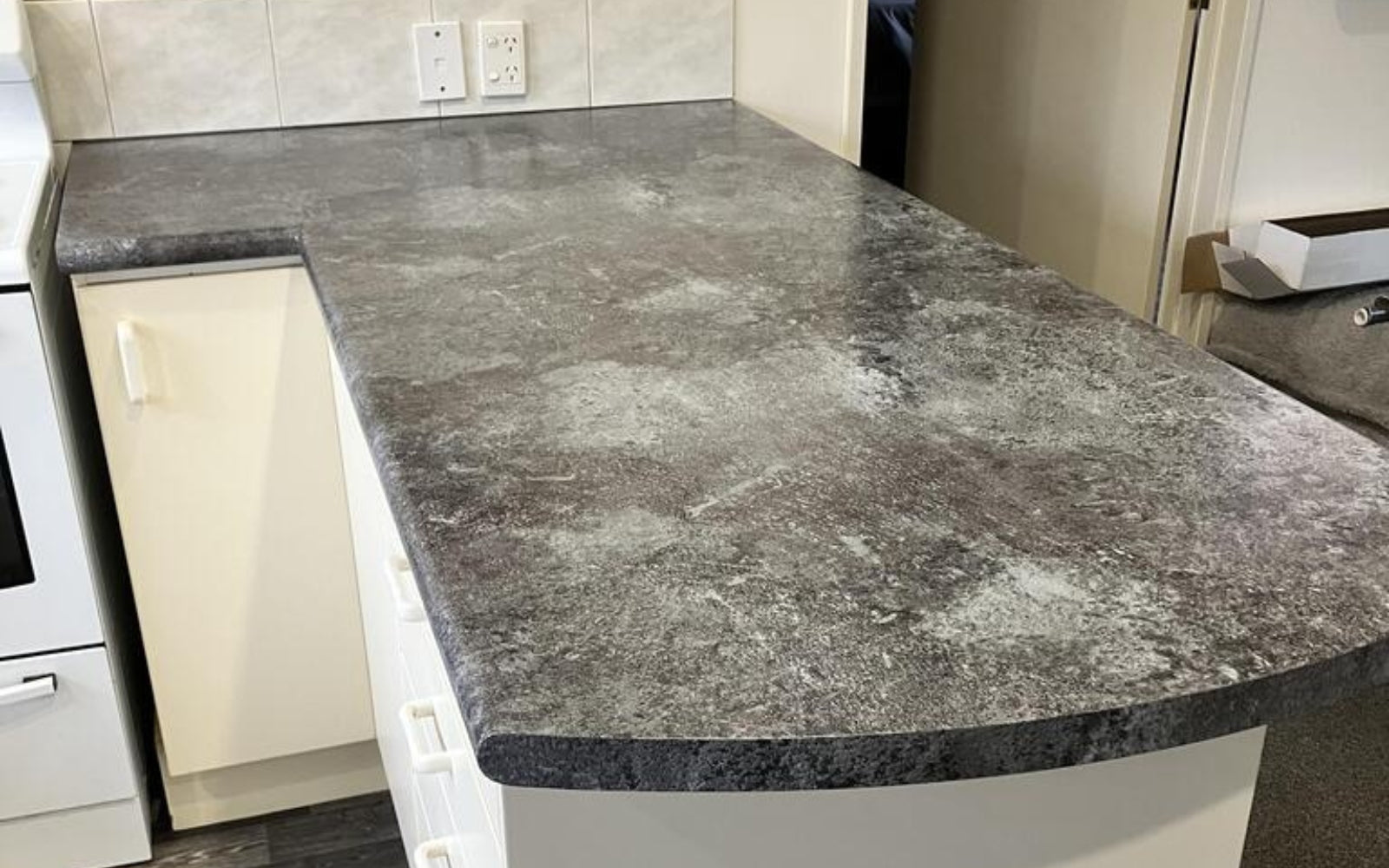 Customer photo adhesive vinyl benchtop Slate Grey