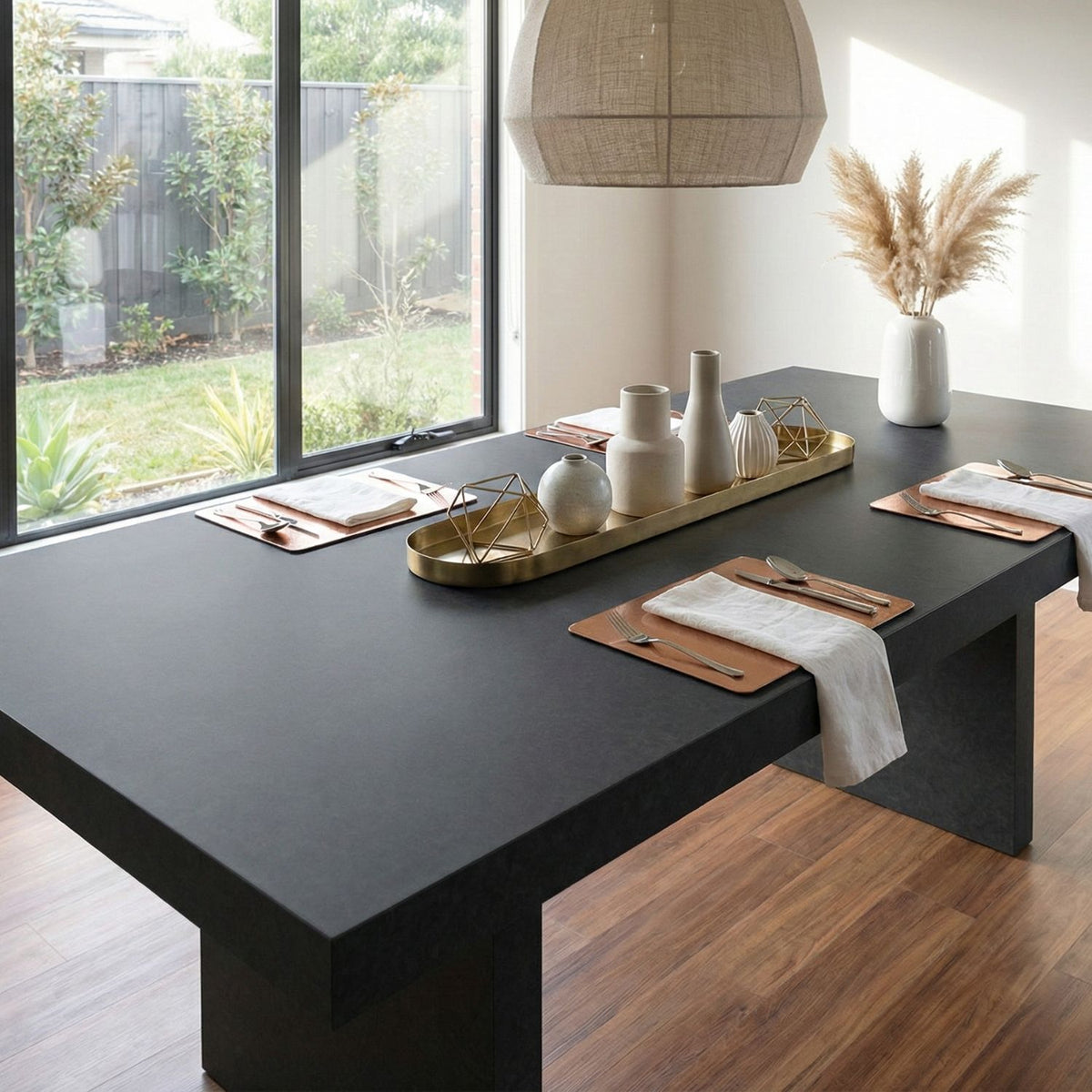 Modern dining table wrapped with dark quartz adhesive vinyl with decorative items in a bright room with large windows.