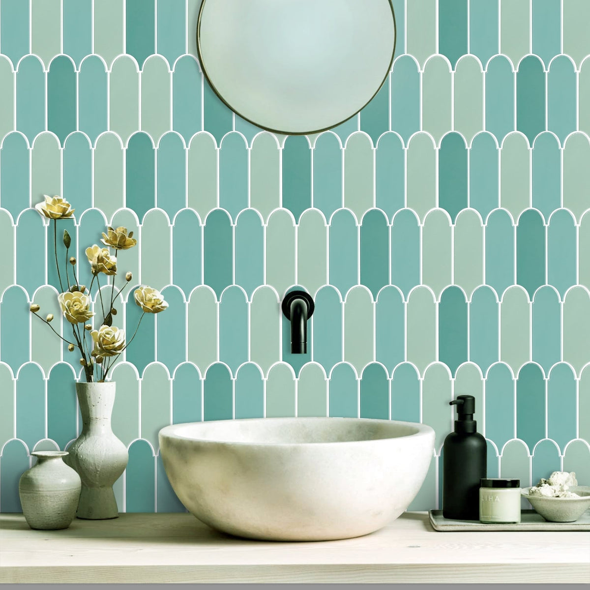 Green feather peel and stick wall tiles with white grout in bathroom