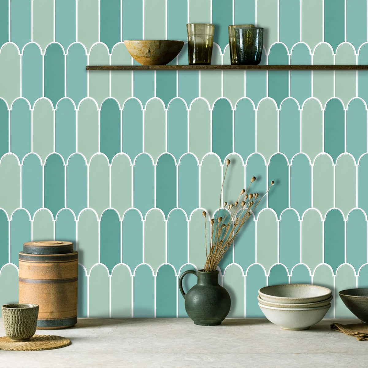 Green feather wall tiles as kitchen splash back