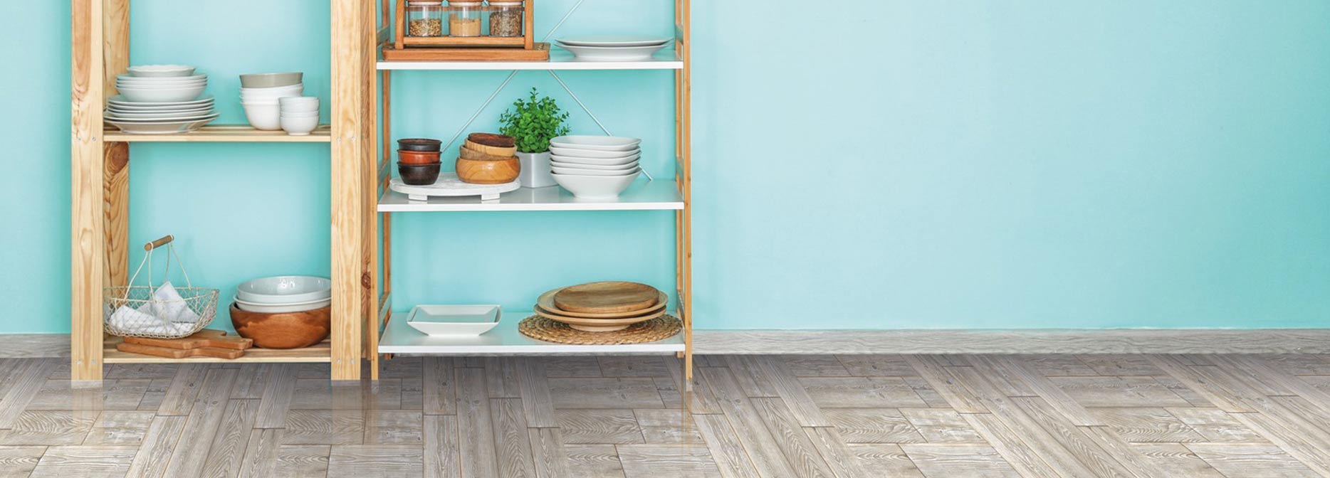 rustic oak self-adhesive vinyl floor tiles in room with mint walls and kitchen shelves unit - shop floor tiles