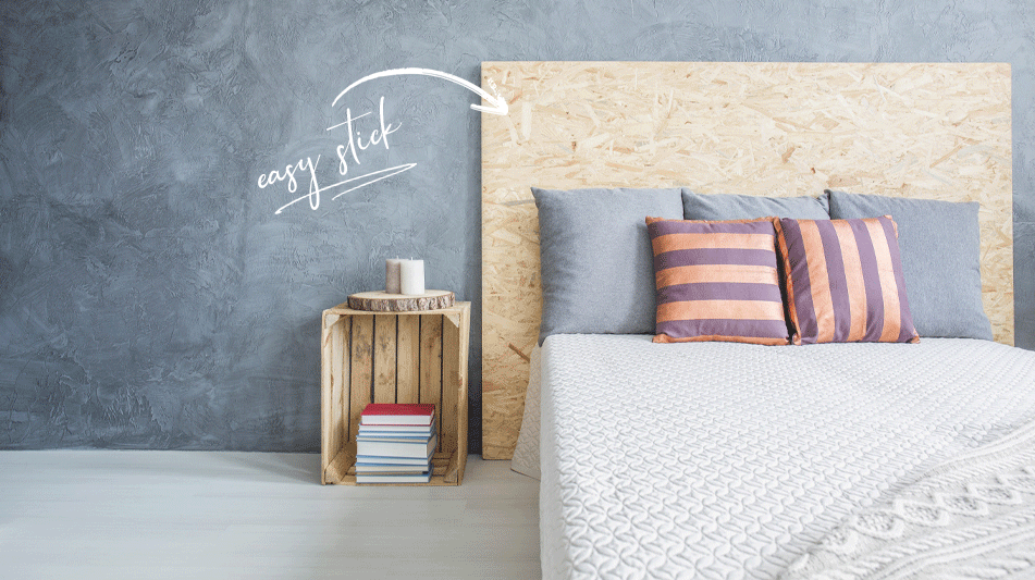 before and after of a bed headboard going from plain wood to blue triangle vinyl