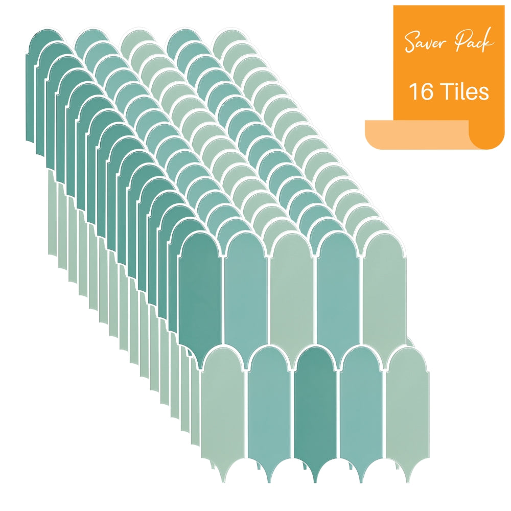 Row of decorative green tiles with a gradient colour scheme and &#39;Saver Pack&#39; label on an orange square.