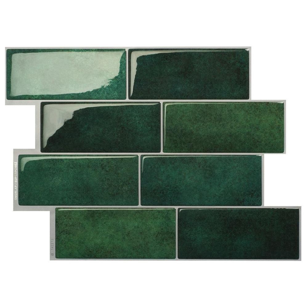 Green self-adhesive 3D subway tile in a bathroom