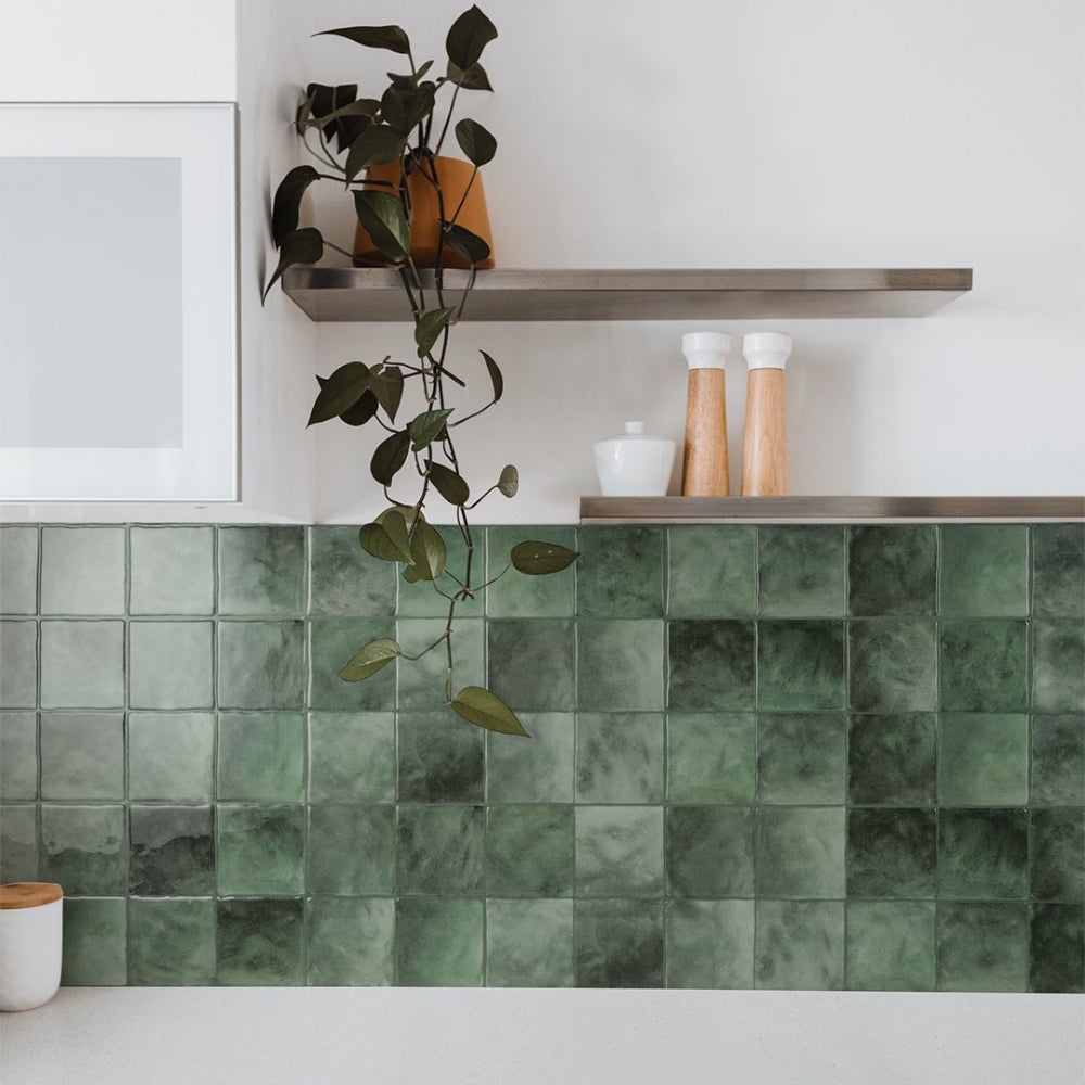 Green square tiles in kitchen