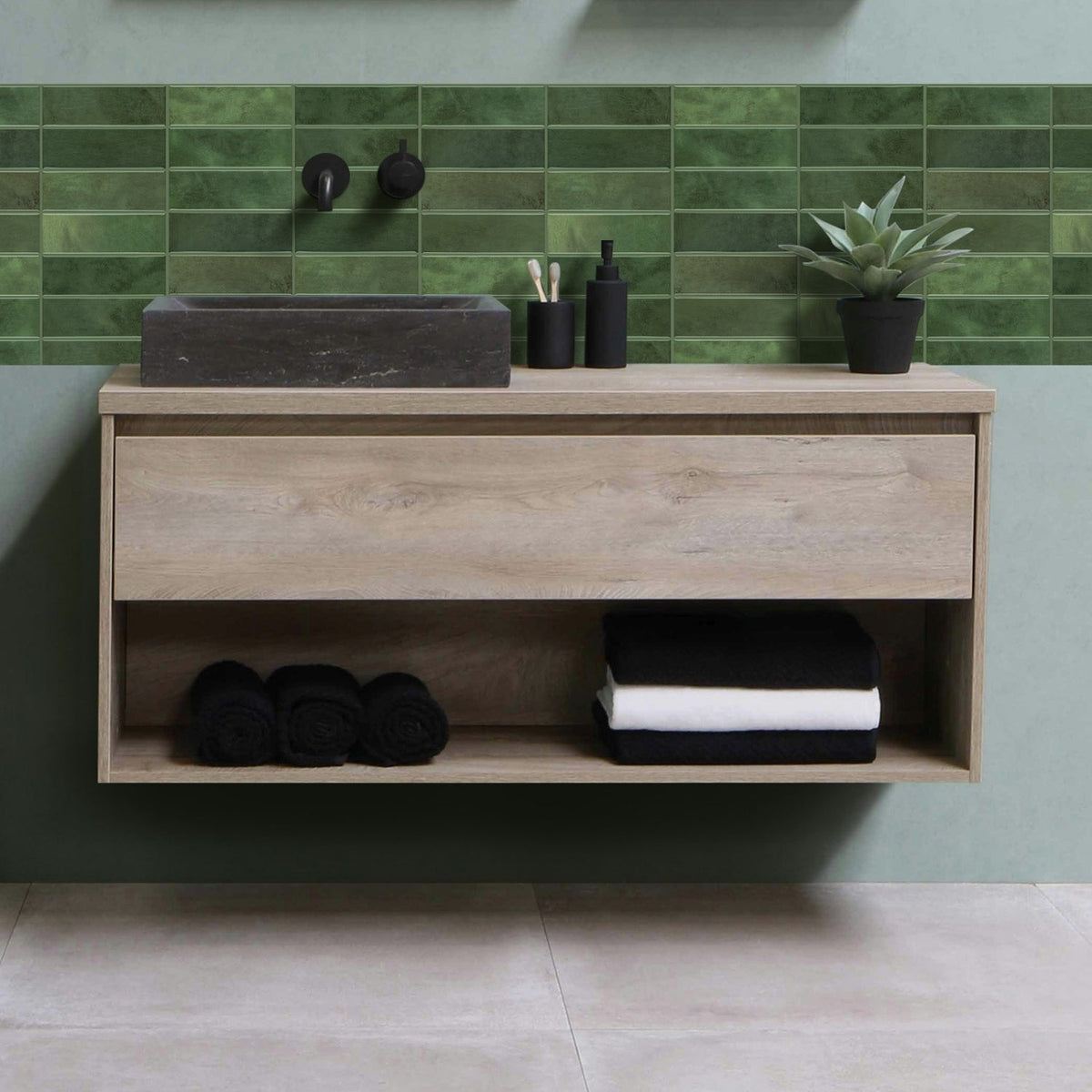 Stacked Subway Wall Tile | Green with Green Grout - 30.5cm (W) x 30.5cm (H) x 1.2mm (T)