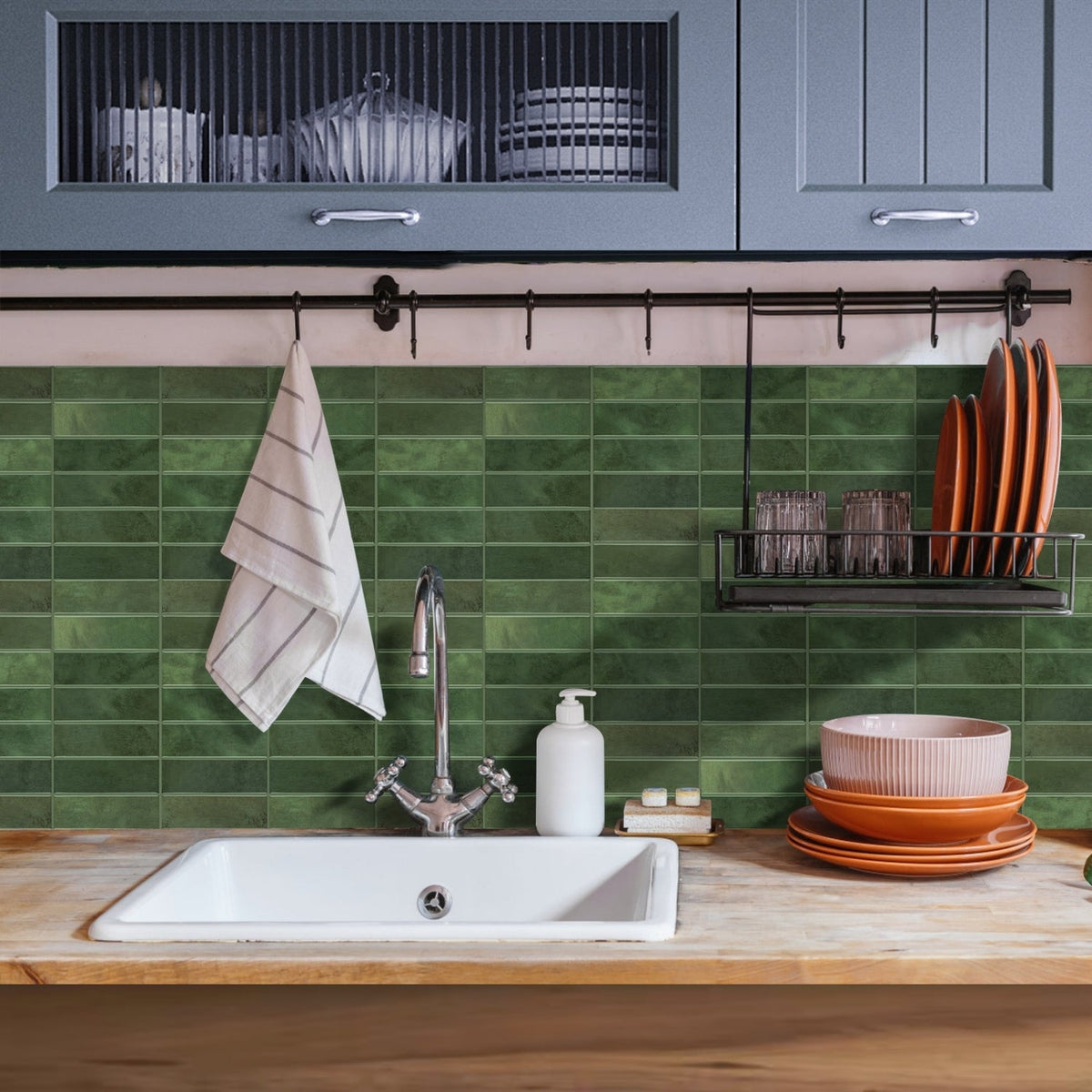 Stacked Subway Wall Tile | Green with Green Grout - 30.5cm (W) x 30.5cm (H) x 1.2mm (T)