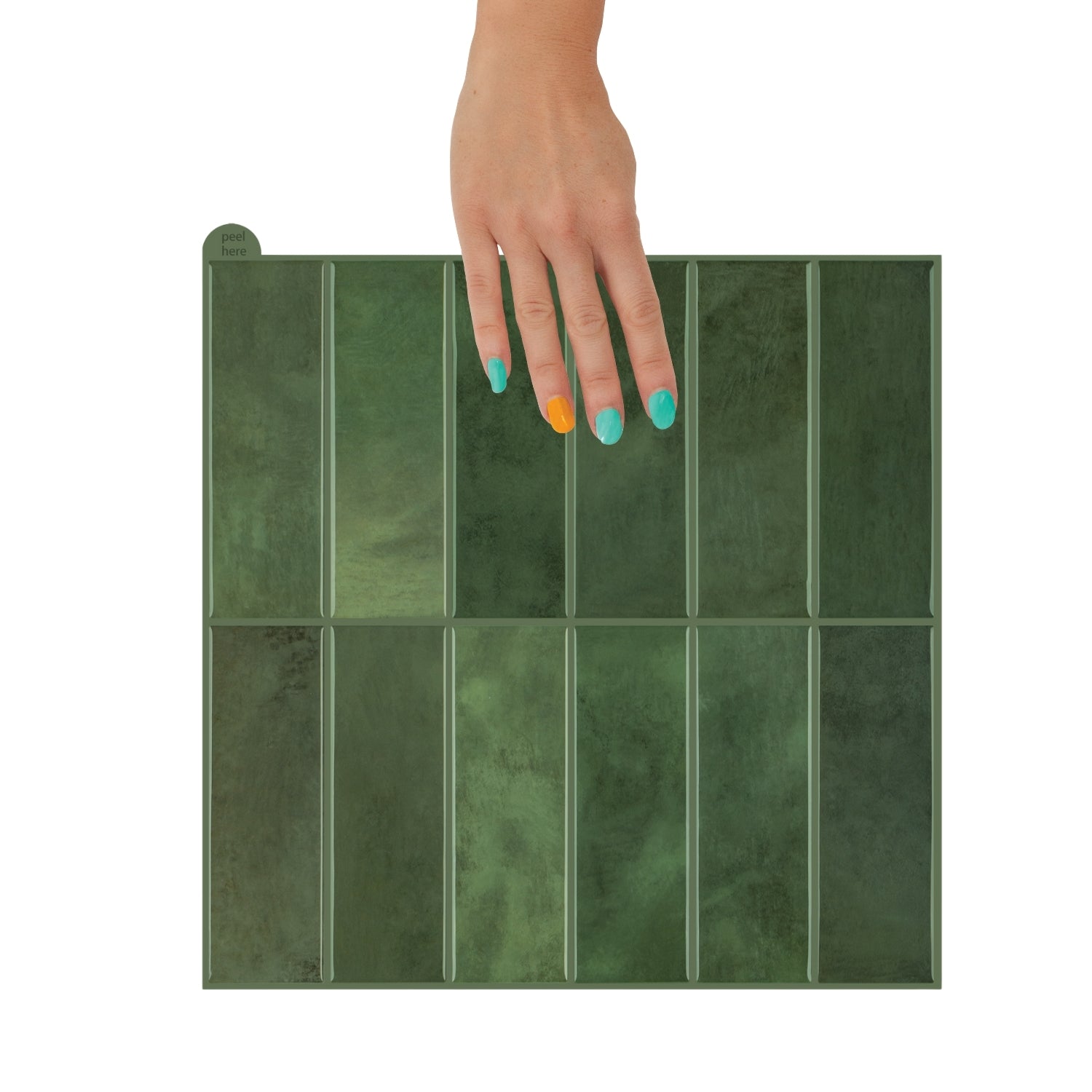 Green tiled wall with a wooden cutting board, bread, and vase on a gray surface.