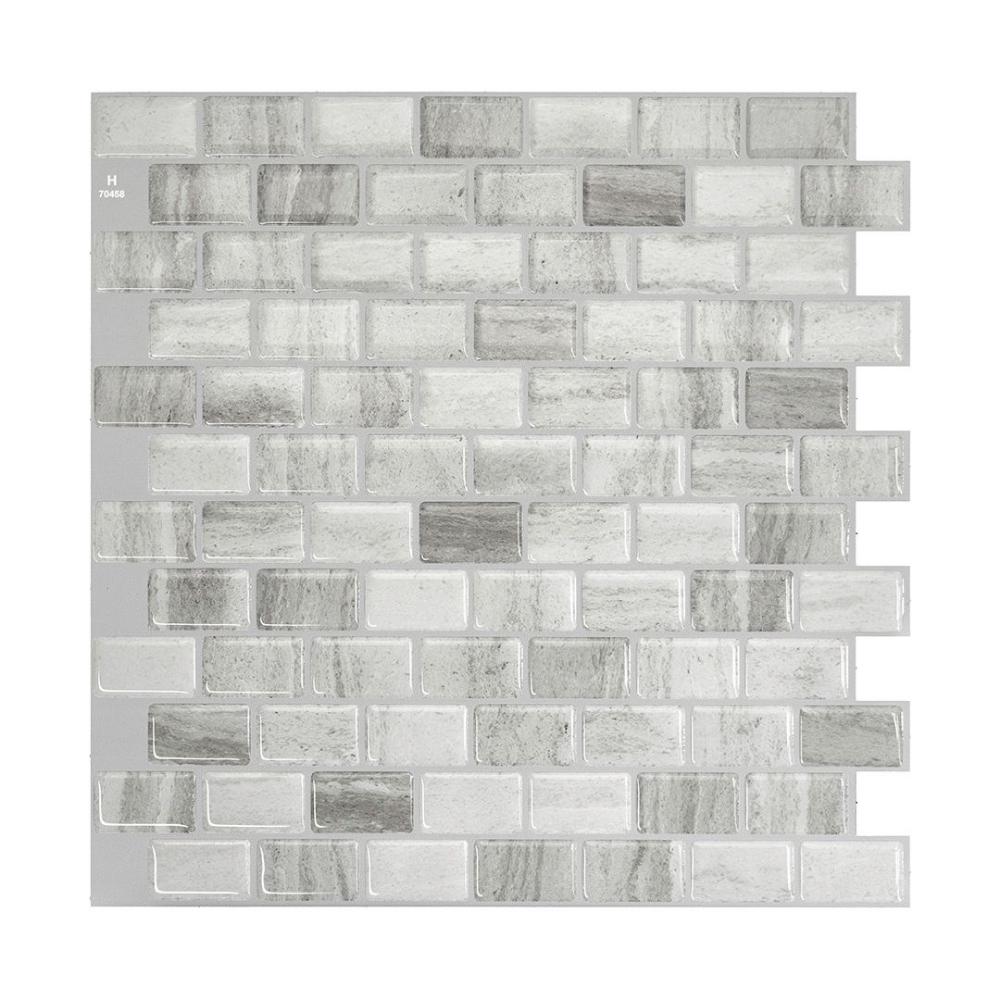 Grey stone mosaic self-adhesive 3D tiles above vanity