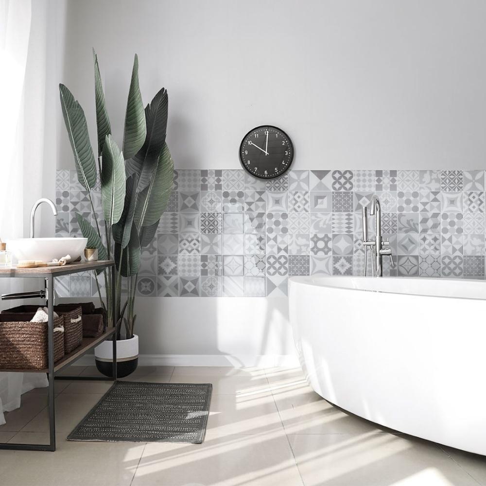 Grey and white peel and stick wall tiles in bathroom