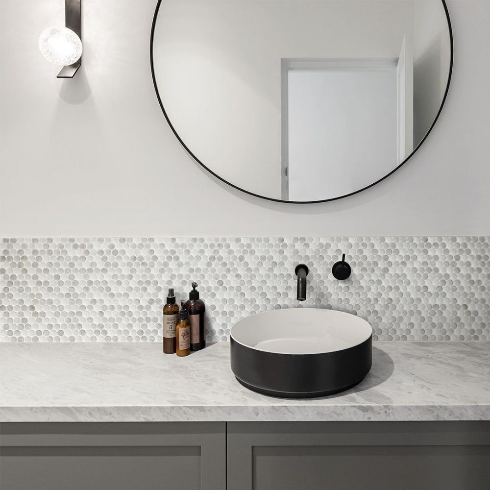 Grey penny self-adhesive 3D tiles in bathroom