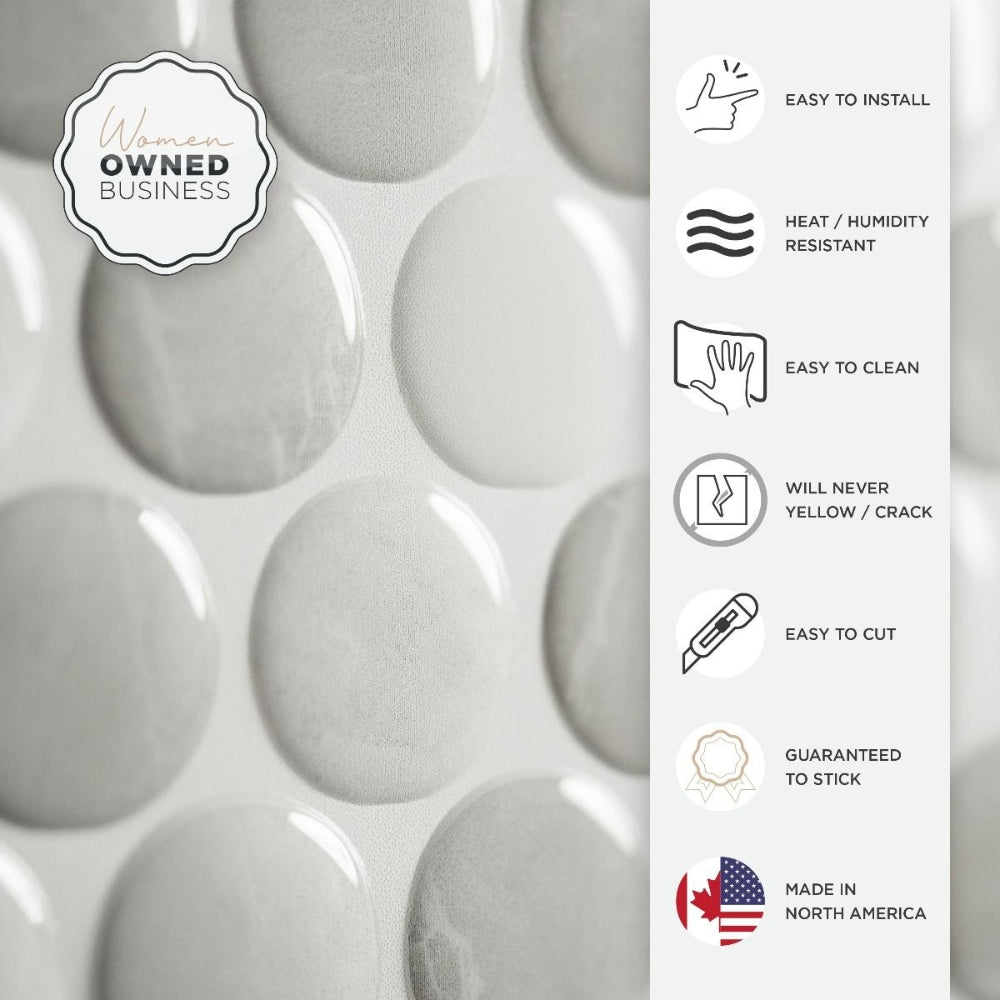 Grey penny round self-adhesive 3D tiles features
