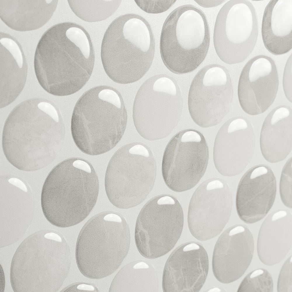 Grey penny round stick on tiles in 3D