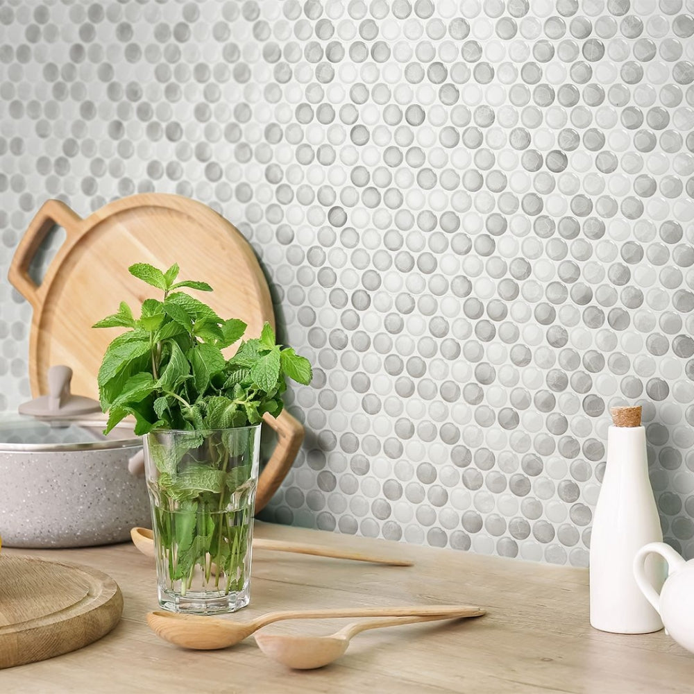 Grey penny self-adhesive 3D tiles in kitchen