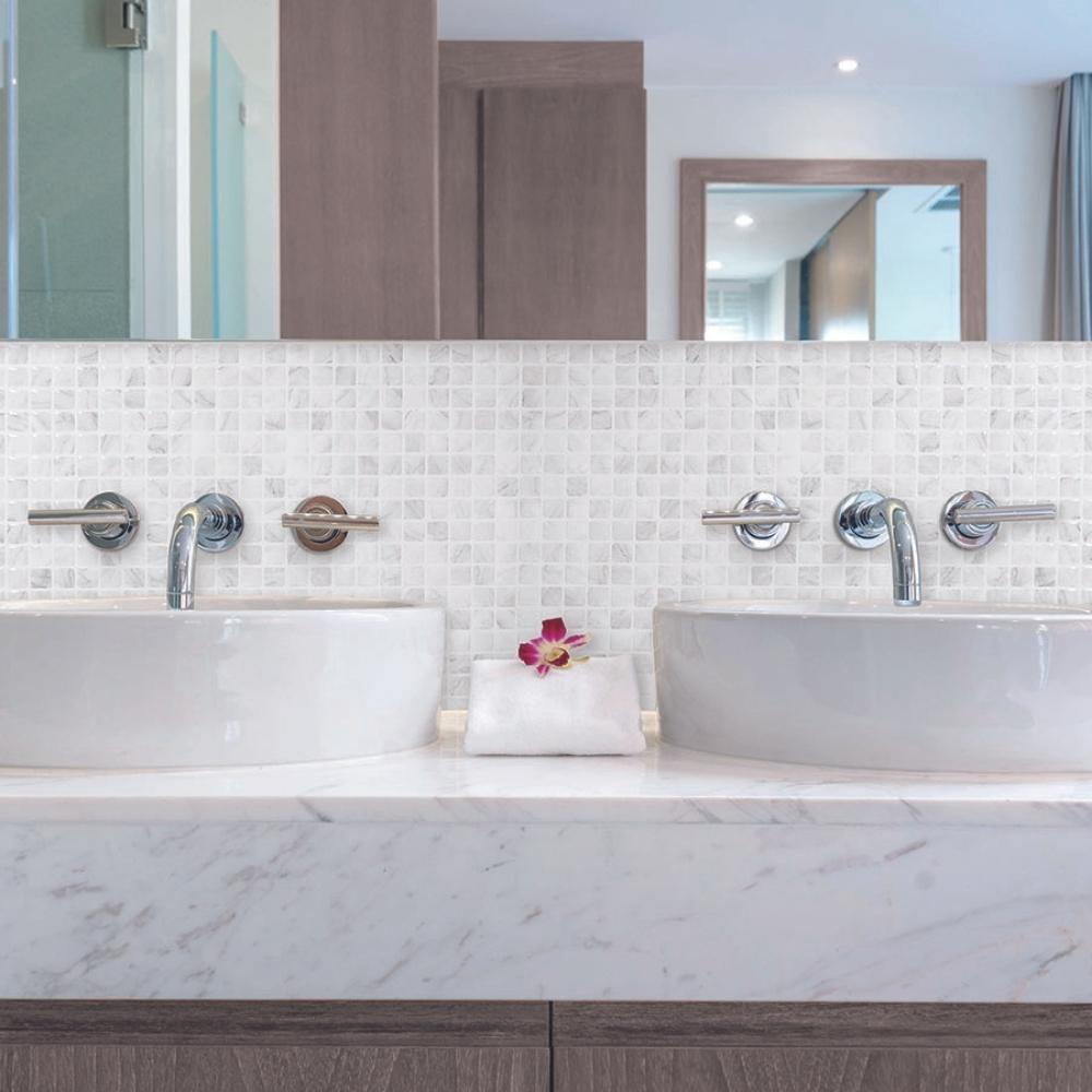 Grey and white marble mosaic self-adhesive 3D tiles in bathroom