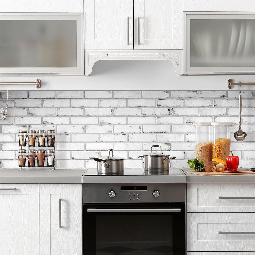 Grey and white brick self-adhesive 3D tiles as kitchen splash back