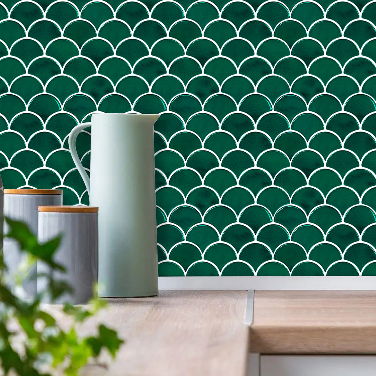 Scalloped Fish Scale Wall Tile | Green with White Grout - 30.5cm (W) x 30.5cm (H) x 2.5mm (T)