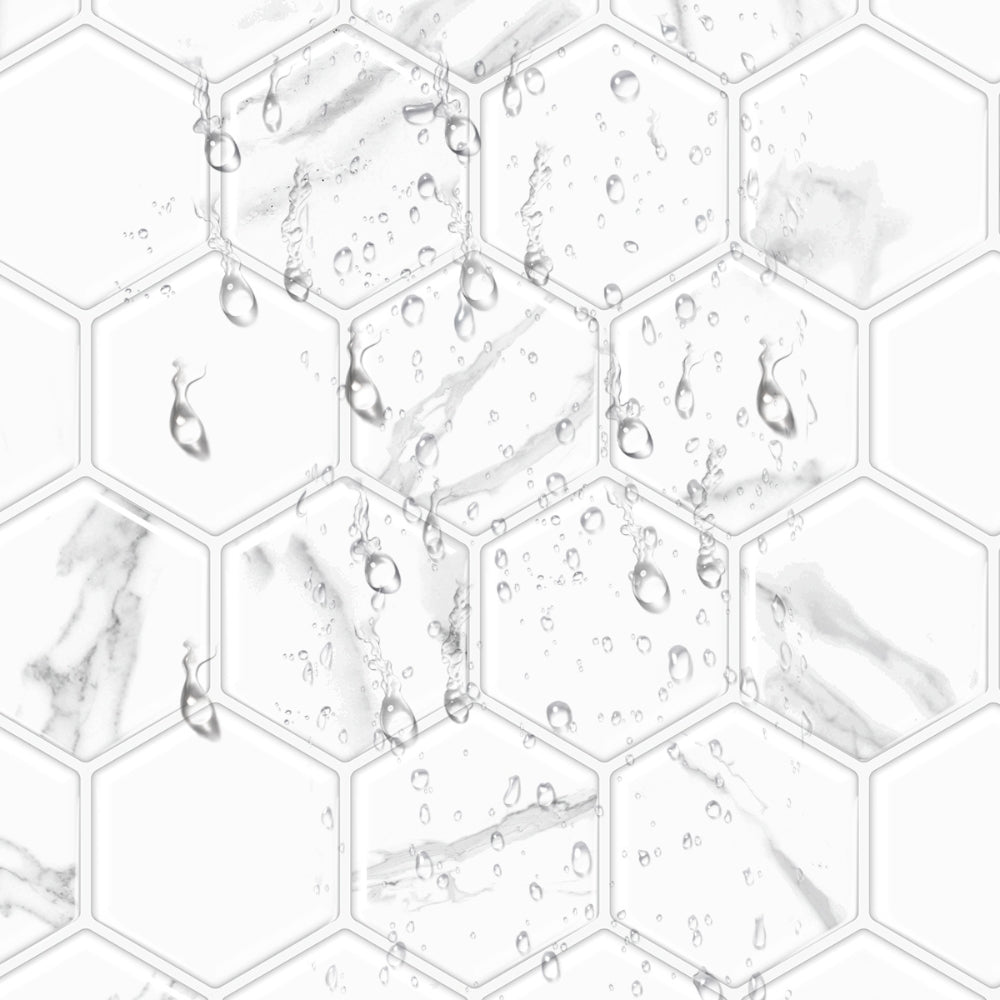 Hexagonal tile pattern with water droplets on a white background