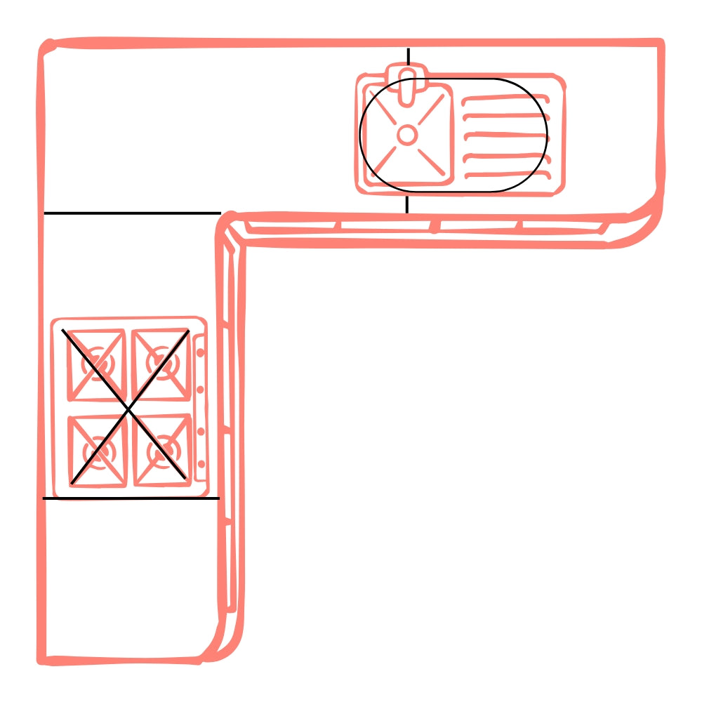Layout of kitchen benchtop showing where to join vinyl