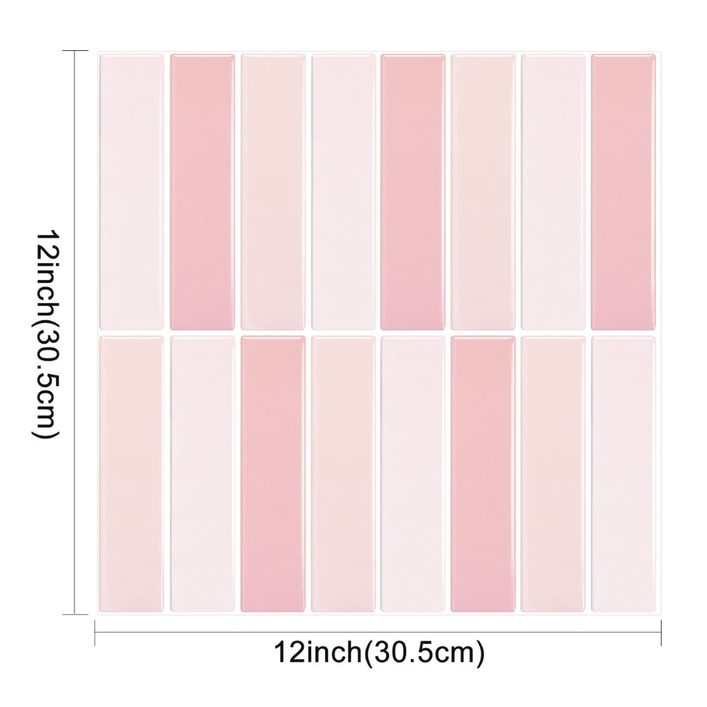 Pink and white vertical stripe tiles with dimensions on a white background